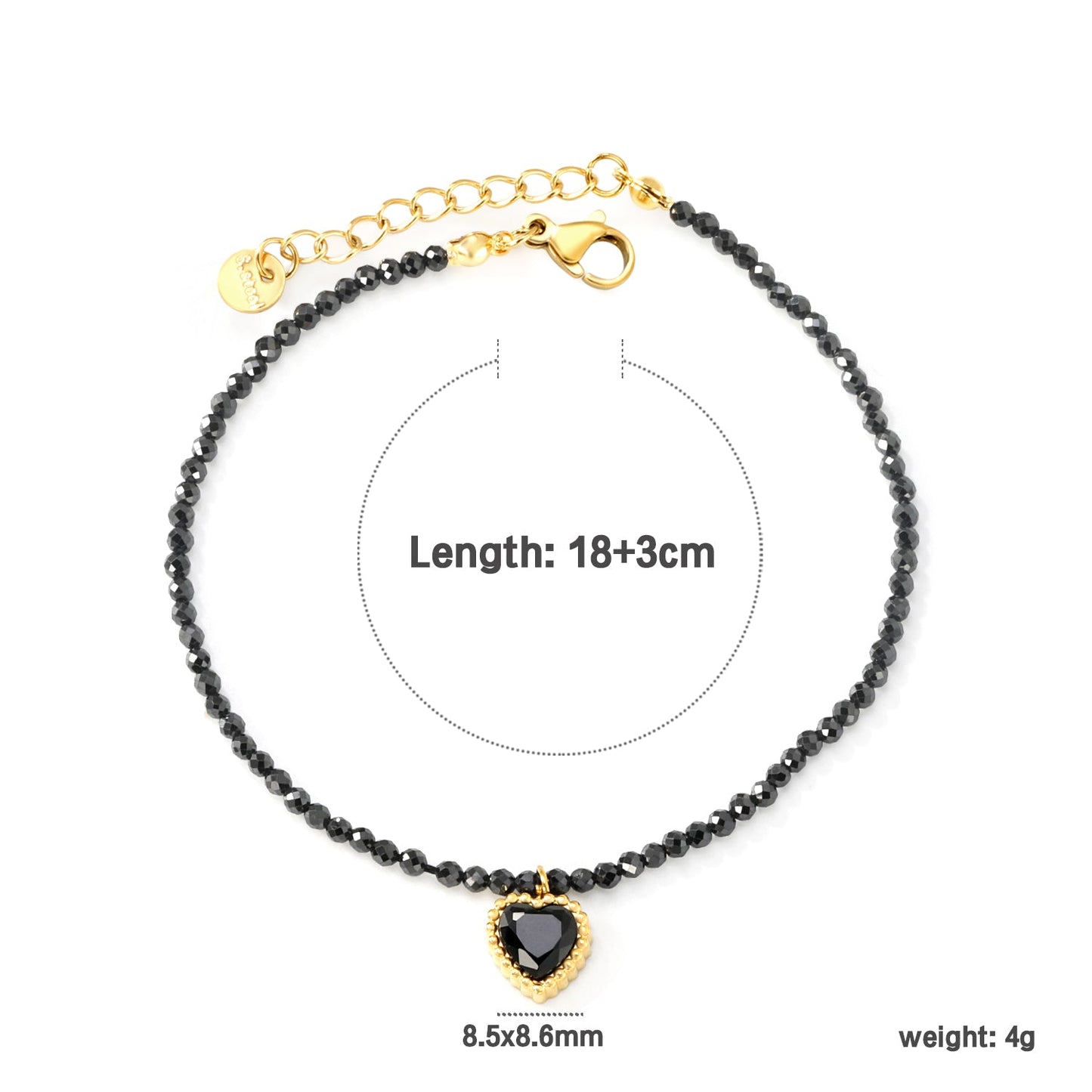 8.5*8.6mm Bead Edge Heart Shape Sticky White/Black/Purple/Red/Pink Zirconia Accessories 2mm White Beads*18+3cm+6mm Round Plaque Bracelet Golden asonjewelry