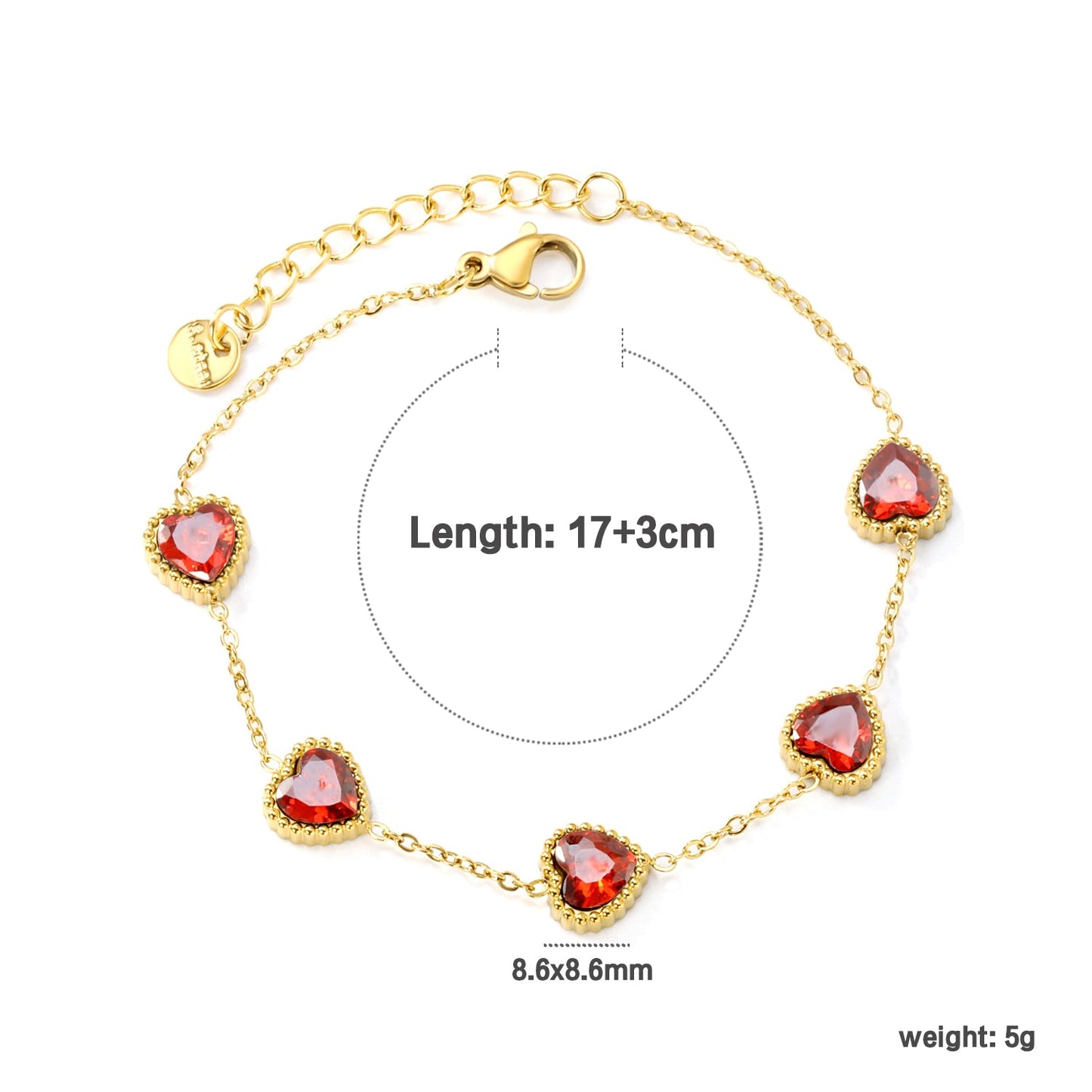 8.6mm Heart with White Crystal/Black Crystal/Red Zirconium Fittings 0.35 Cross Chain*17+3cm+6mm Round Plaque Bracelet Gold Color asonjewelry