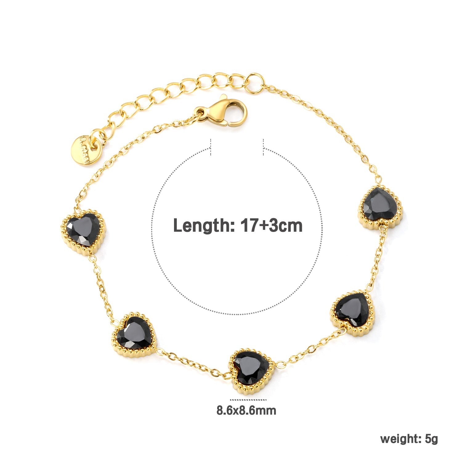 8.6mm Heart with White Crystal/Black Crystal/Red Zirconium Fittings 0.35 Cross Chain*17+3cm+6mm Round Plaque Bracelet Gold Color asonjewelry