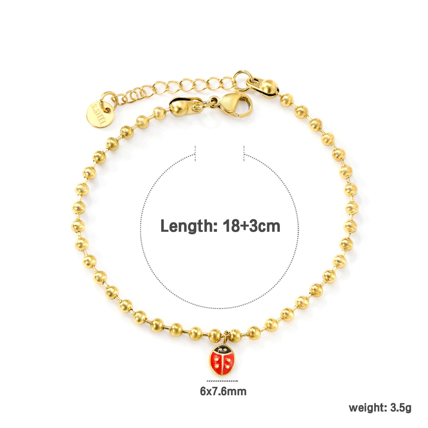 6*7.6mm Ladybird Accessories 3.0 Bead Chain*18+3cm+6mm Round Plaque Bracelet Golden asonjewelry
