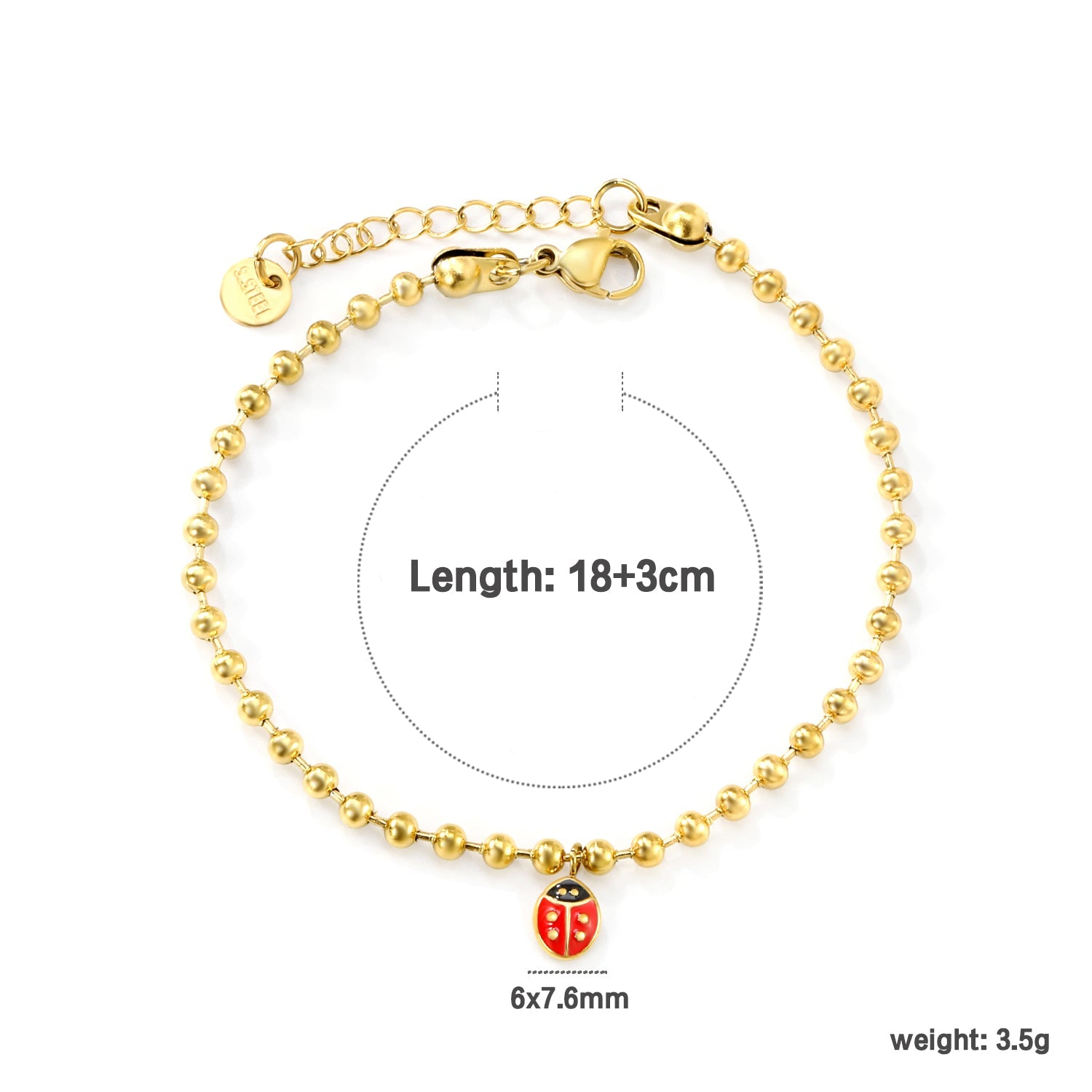 6*7.6mm Ladybird Accessories 3.0 Bead Chain*18+3cm+6mm Round Plaque Bracelet Golden asonjewelry
