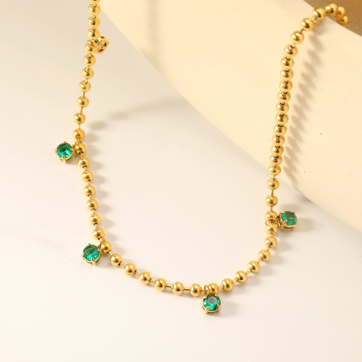 4mm Round Emerald Zirconia Accessories 3mm Bead Chain*40+5cm+6mm Round Plaque Necklace Golden asonjewelry