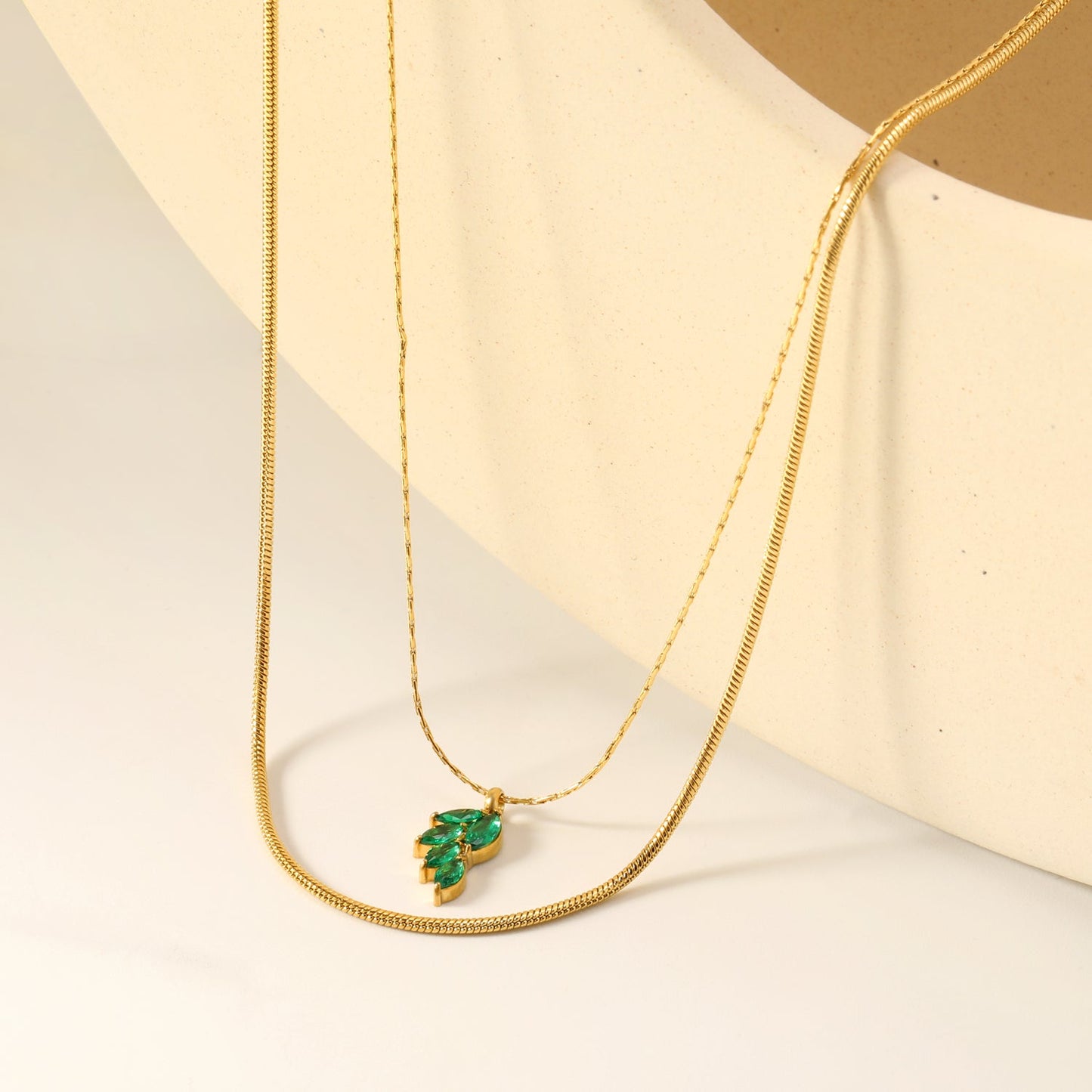 6.4*11mm Leaf with Green Zirconium Pendant 1.2 Round Snake*45cm0.6 Cross Hammered Round Chain*40cm+5cm+6mm Round Plaque Double Chain Necklace Gold asonjewelry