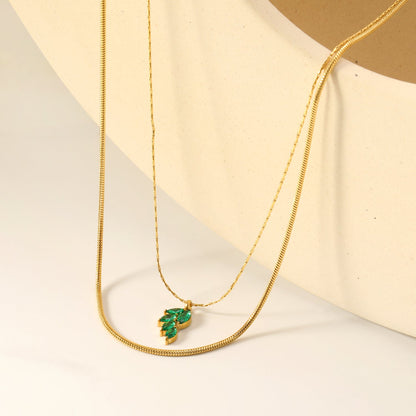 6.4*11mm Leaf with Green Zirconium Pendant 1.2 Round Snake*45cm0.6 Cross Hammered Round Chain*40cm+5cm+6mm Round Plaque Double Chain Necklace Gold asonjewelry