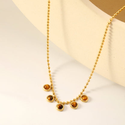 6mm round tiger's eye stone accessories 2mm bead chain *40+5cm+6mm round plate necklace Golden asonjewelry