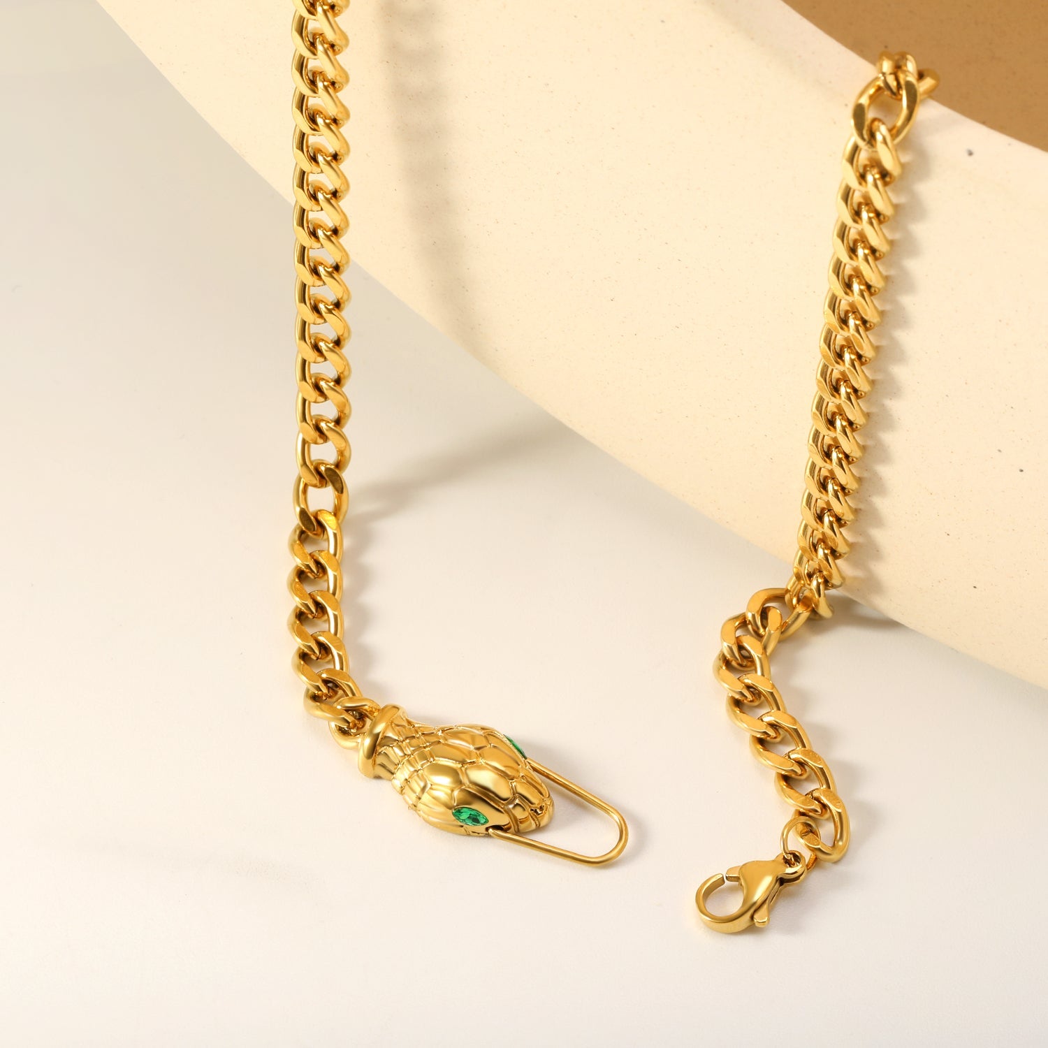 10*17.2mm Snake Head Sticky Green Zirconium Accessories Thickness 2.3+Width 5mm*Length 40cm Chain Necklace 45cm Gold color asonjewelry