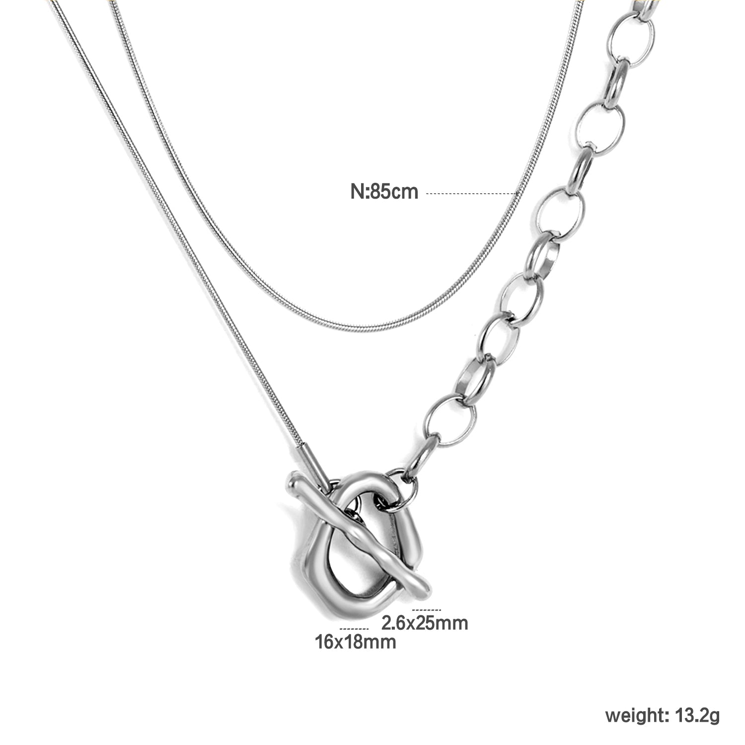 Sweater Chain 2.6 x 25mm Straight Teardrop + 16 x 18mm Oval Pendant 0.9 Round Snake + 6.0 Pearl 85cm Necklace Steel Color/Gold Color asonjewelry