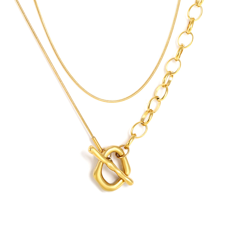 Sweater Chain 2.6 x 25mm Straight Teardrop + 16 x 18mm Oval Pendant 0.9 Round Snake + 6.0 Pearl 85cm Necklace Steel Color/Gold Color