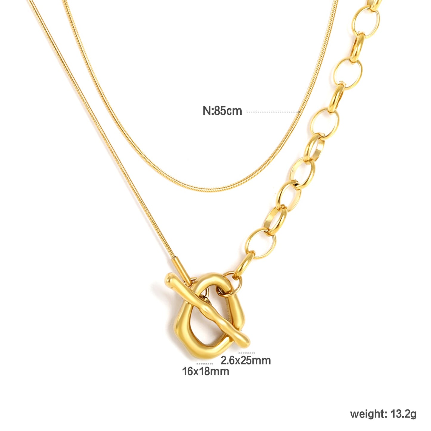 Sweater Chain 2.6 x 25mm Straight Teardrop + 16 x 18mm Oval Pendant 0.9 Round Snake + 6.0 Pearl 85cm Necklace Steel Color/Gold Color asonjewelry