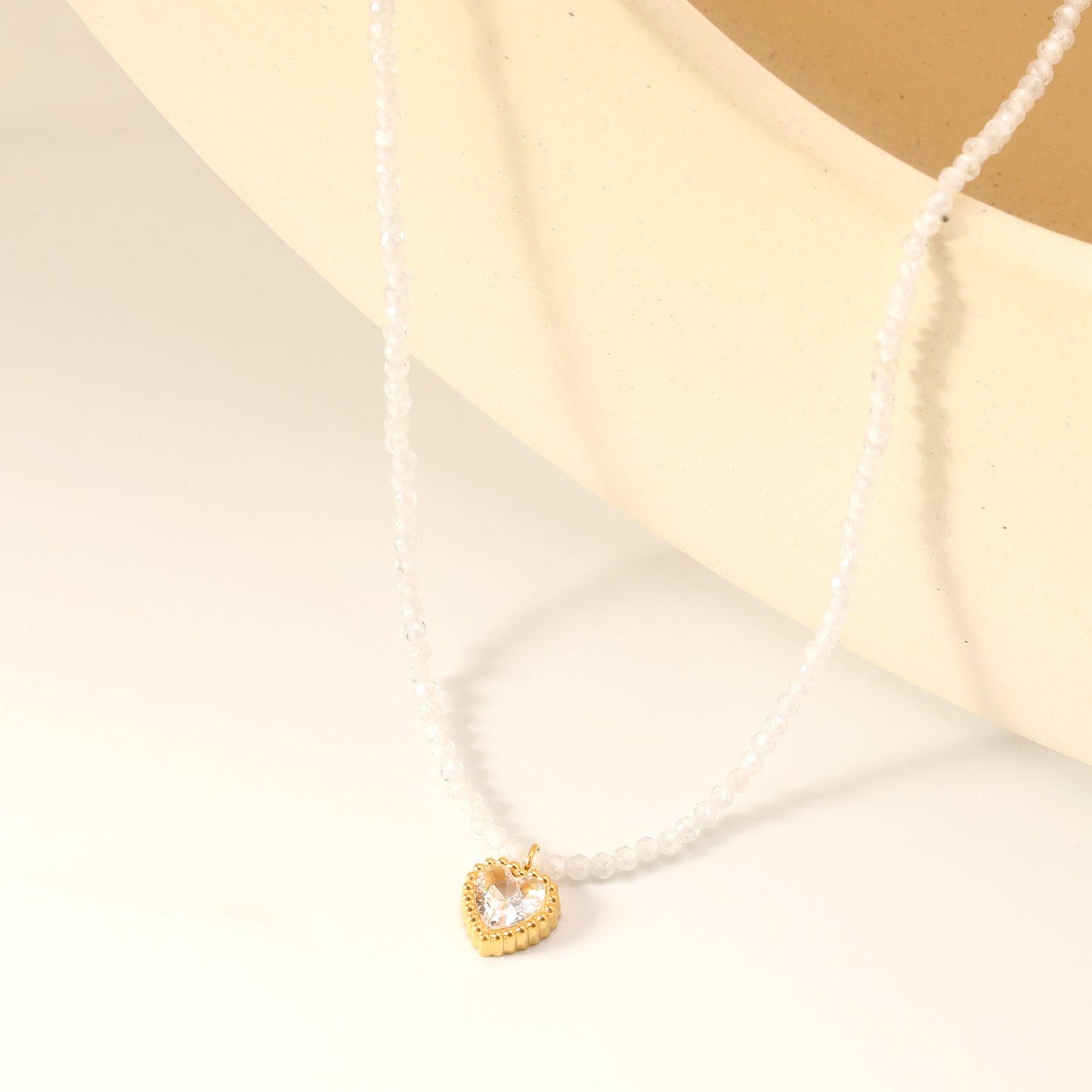 8.5*8.6mm Bead Edge Heart Shape Sticky White/Black/Purple/Red/Pink Zircon Pendant 2mm White Beads*40+5cm+6mm Round Plaque Necklace Gold Color asonjewelry