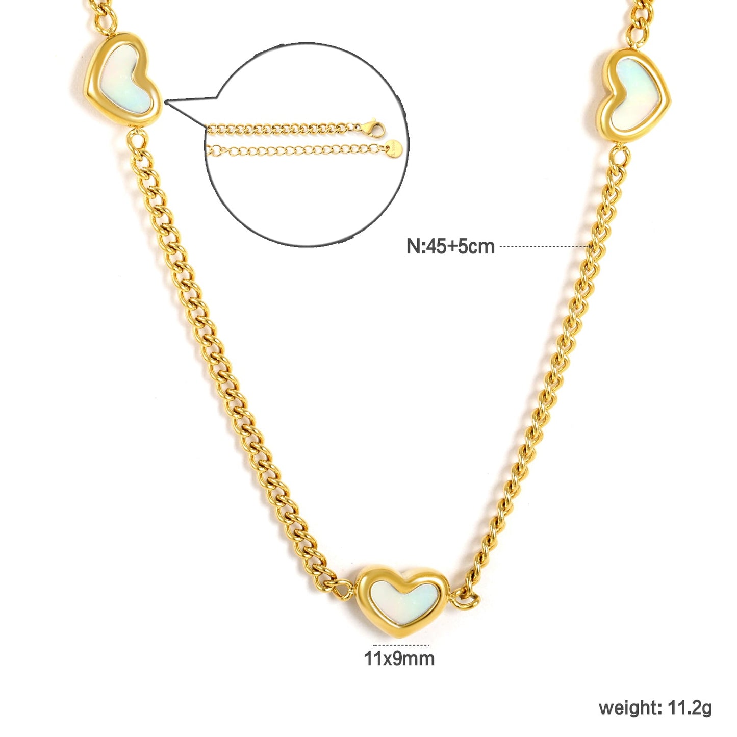 11x9mm shell heart-shaped accessory 40+5cm + 6mm round pendant necklace, gold asonjewelry