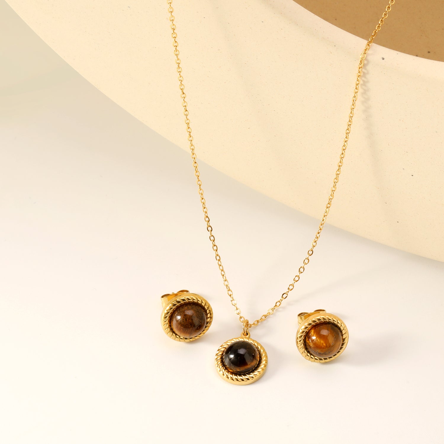 Tiger's Eye Set Gold-colored earrings:11.6mm Pendant:11.6mm 0.3 cross chain*40+5cm+6mm round plaque asonjewelry