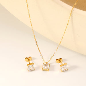 Square white zirconium set Gold color earrings:7mm Pendant:7mm 0.3 cross chain*40+5cm+6mm round plate