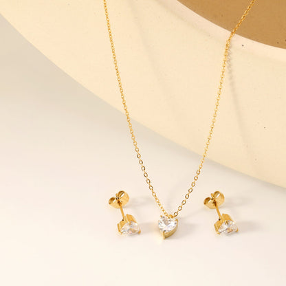 Heart-shaped white zirconium set Gold-colored earrings: 6mm Pendant: 6mm 0.3 cross chain * 40 +5cm +6mm round plate asonjewelry