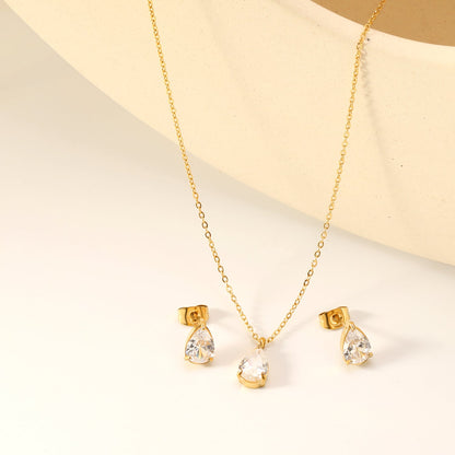 Teardrop White Zircon Set Gold/Steel-Tone Studs: 6.1*9.4mm Pendant: 6.1*9.4mm 0.3ct Cross Chain 40+5cm + 6mm Round Tag asonjewelry