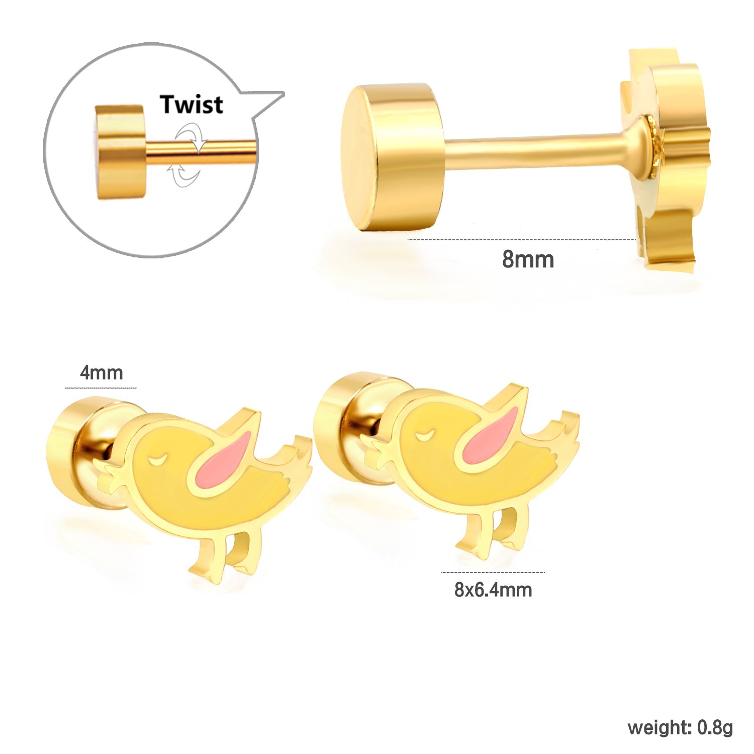 Screw plug 0.8*8mm pin 8*6.4mm small bird with yellow oil drop earrings gold color asonjewelry