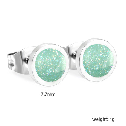 7.7mm Round with Gray Green/Mint Green Glitter Drip Earrings Steel Color asonjewelry
