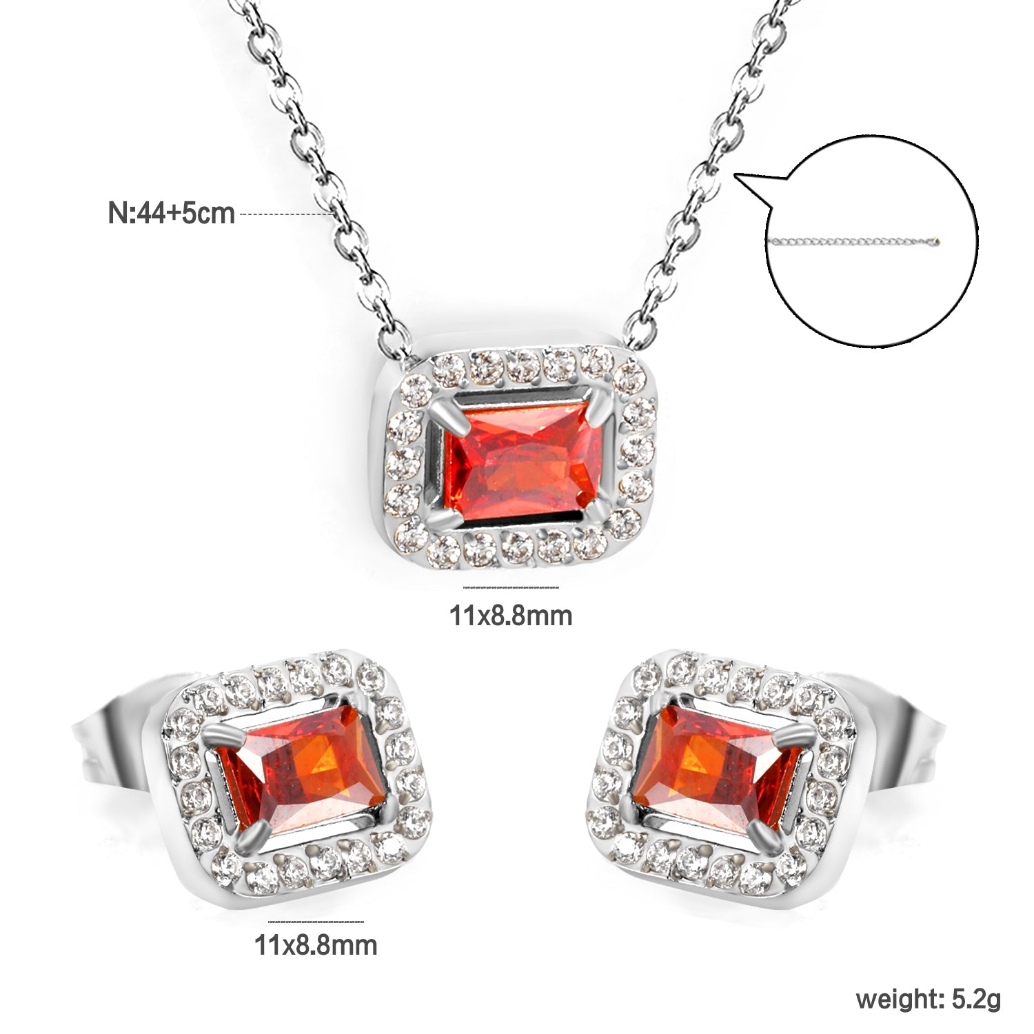 11*8.8mm rectangle garnet red zirconium with white zirconium circle earrings + necklace cross chain 0.3*44+5cm+6mm round end plate Set steel color/golden asonjewelry
