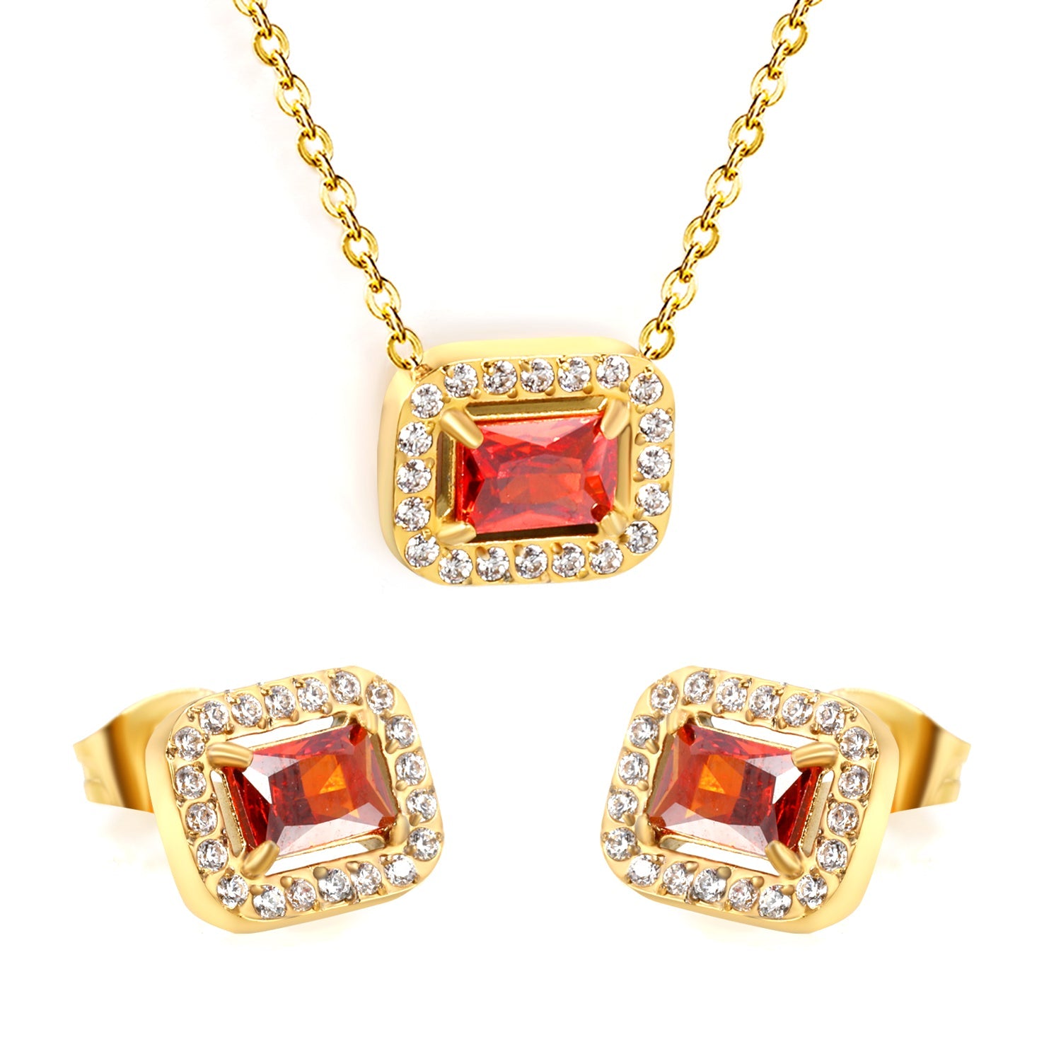 11*8.8mm rectangle garnet red zirconium with white zirconium circle earrings + necklace cross chain 0.3*44+5cm+6mm round end plate Set steel color/golden asonjewelry