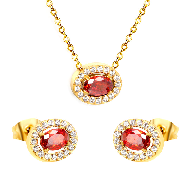 10.3*8.4mm oval garnet red zirconium with white zirconium hoop earrings + necklace cross chain 0.3*44+5cm+6mm round end plate Set steel color/golden color