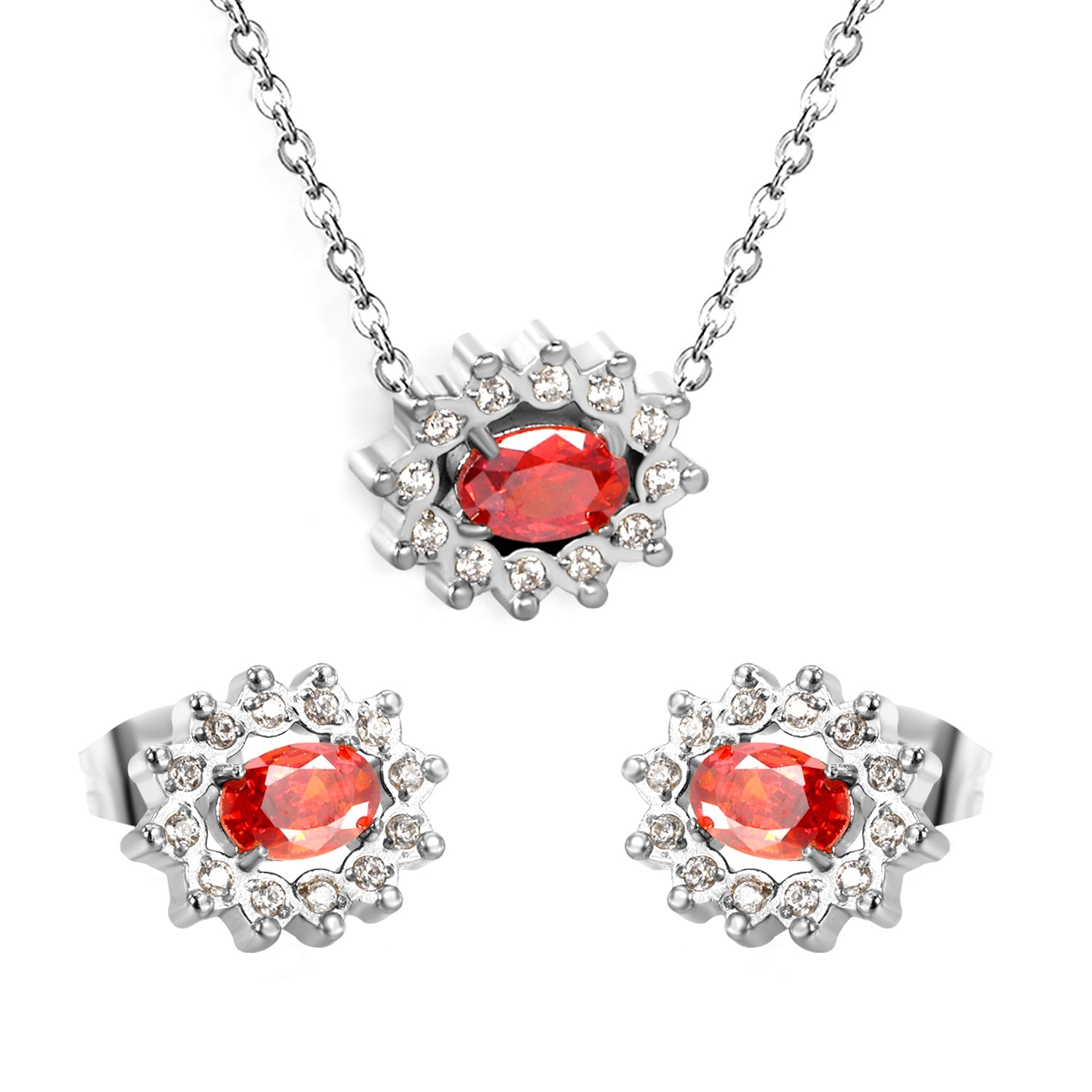 12.4*10.2 Lace Oval Garnet Red Zirconium with White Zirconium Hoops Earrings + Necklace Cross Chain 0.3*44+5cm+6mm Round Tail Plate Set Steel/Golden asonjewelry