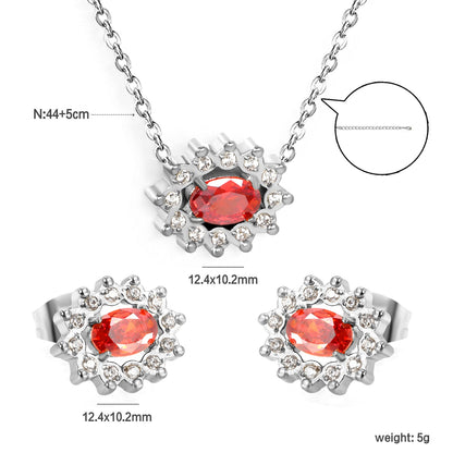 12.4*10.2 Lace Oval Garnet Red Zirconium with White Zirconium Hoops Earrings + Necklace Cross Chain 0.3*44+5cm+6mm Round Tail Plate Set Steel/Golden asonjewelry