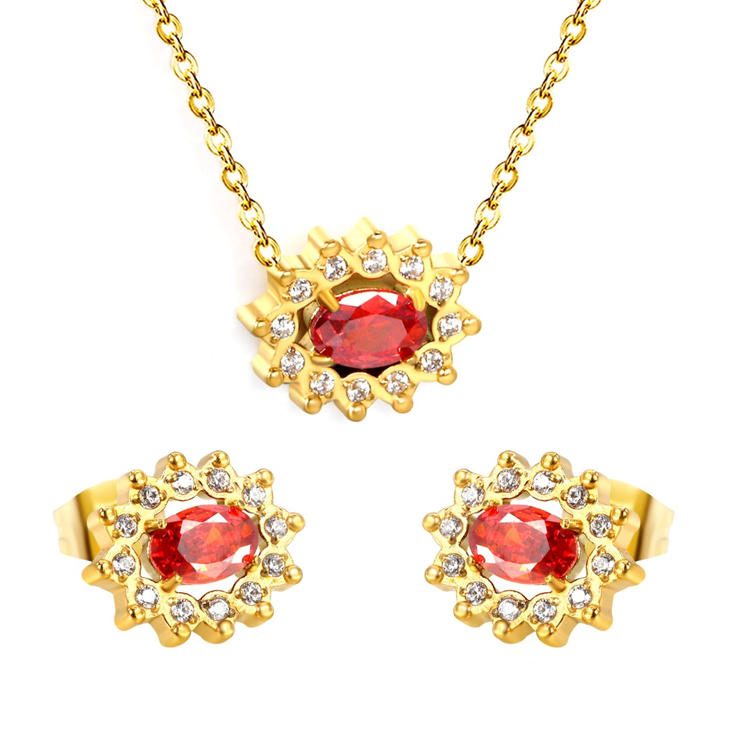 12.4*10.2 Lace Oval Garnet Red Zirconium with White Zirconium Hoops Earrings + Necklace Cross Chain 0.3*44+5cm+6mm Round Tail Plate Set Steel/Golden asonjewelry