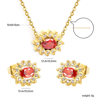 12.4*10.2 Lace Oval Garnet Red Zirconium with White Zirconium Hoops Earrings + Necklace Cross Chain 0.3*44+5cm+6mm Round Tail Plate Set Steel/Golden asonjewelry