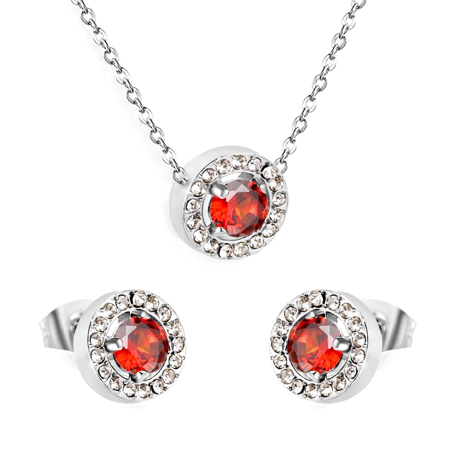 9.6mm Round Garnet Red Zirconia with White Zirconia Hoop Earrings + Necklace Cross Chain 0.3*44+5cm+6mm Round Tail Plaque Set Steel Color / Gold asonjewelry