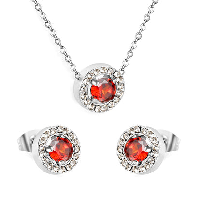 9.6mm Round Garnet Red Zirconia with White Zirconia Hoop Earrings + Necklace Cross Chain 0.3*44+5cm+6mm Round Tail Plaque Set Steel Color / Gold asonjewelry
