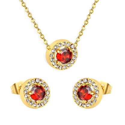 9.6mm Round Garnet Red Zirconia with White Zirconia Hoop Earrings + Necklace Cross Chain 0.3*44+5cm+6mm Round Tail Plaque Set Steel Color / Gold asonjewelry