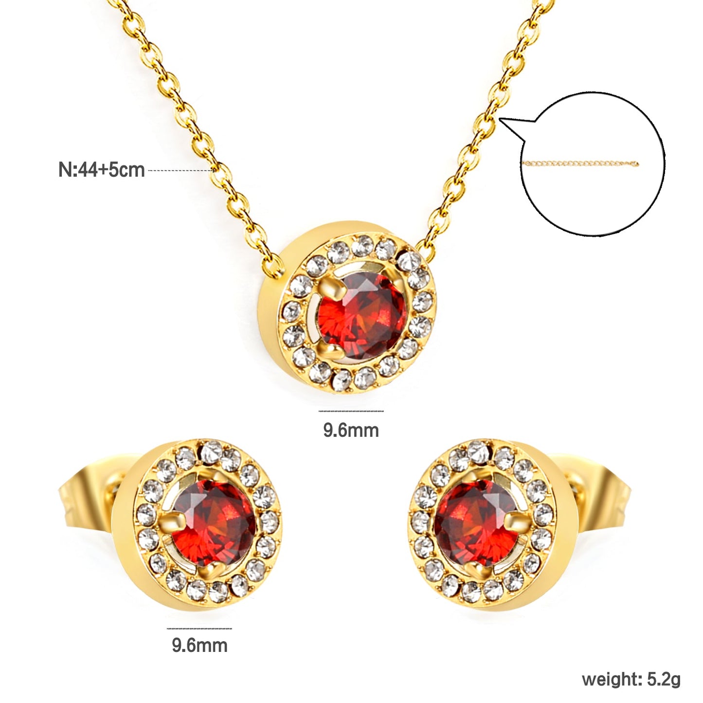 9.6mm Round Garnet Red Zirconia with White Zirconia Hoop Earrings + Necklace Cross Chain 0.3*44+5cm+6mm Round Tail Plaque Set Steel Color / Gold asonjewelry