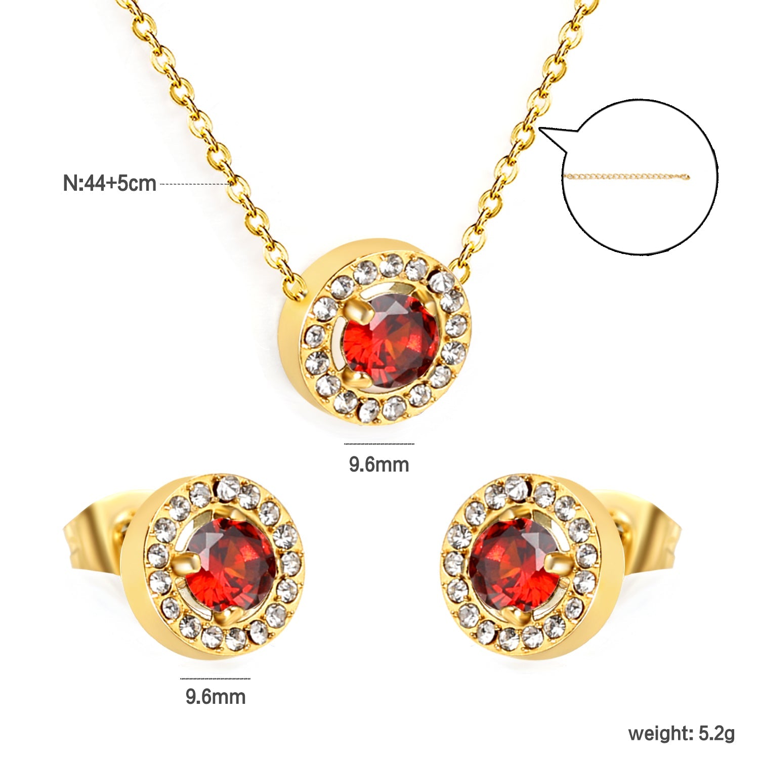 9.6mm Round Garnet Red Zirconia with White Zirconia Hoop Earrings + Necklace Cross Chain 0.3*44+5cm+6mm Round Tail Plaque Set Steel Color / Gold asonjewelry