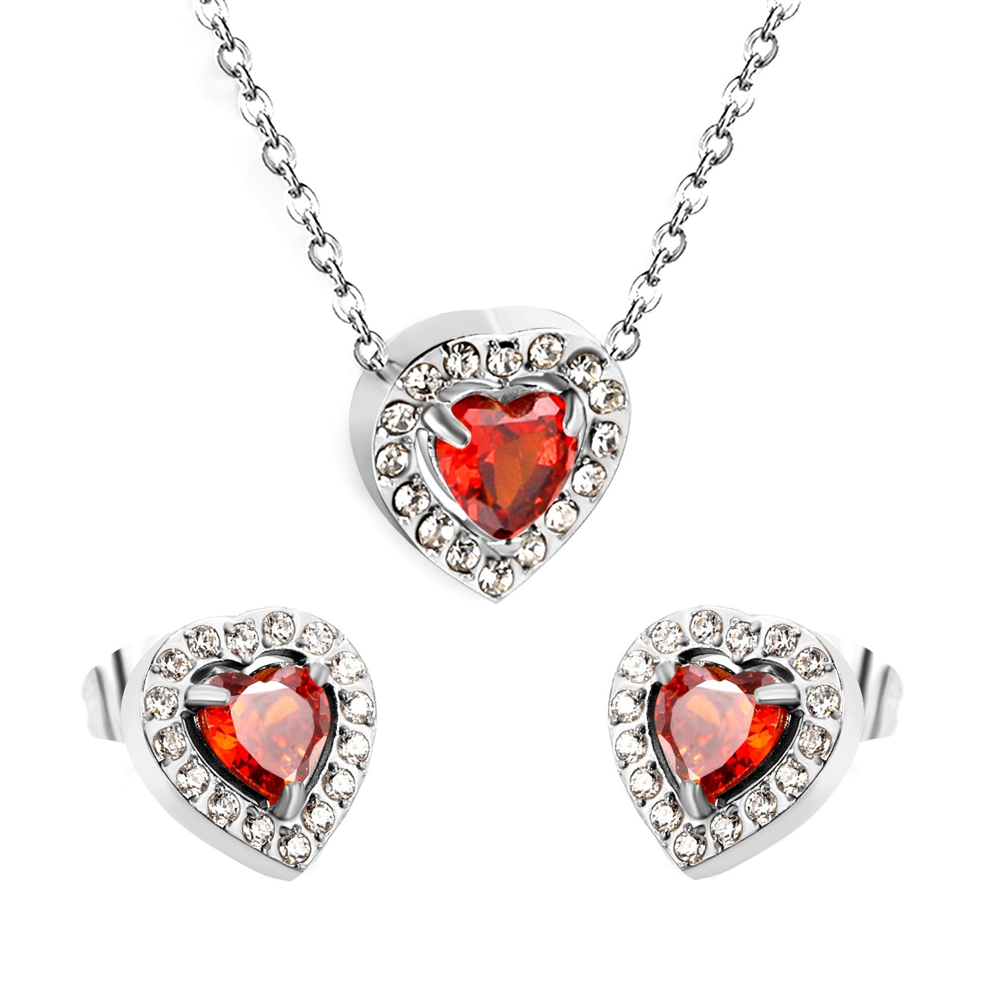 9.7*10.5mm heart shaped pomegranate red zirconium with white zirconium hoop earrings + necklace cross chain 0.3*44+5cm+6mm round end plate Set Steel/Golden color asonjewelry
