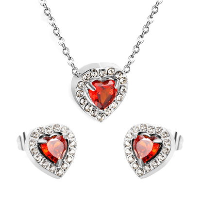 9.7*10.5mm heart shaped pomegranate red zirconium with white zirconium hoop earrings + necklace cross chain 0.3*44+5cm+6mm round end plate Set Steel/Golden color asonjewelry
