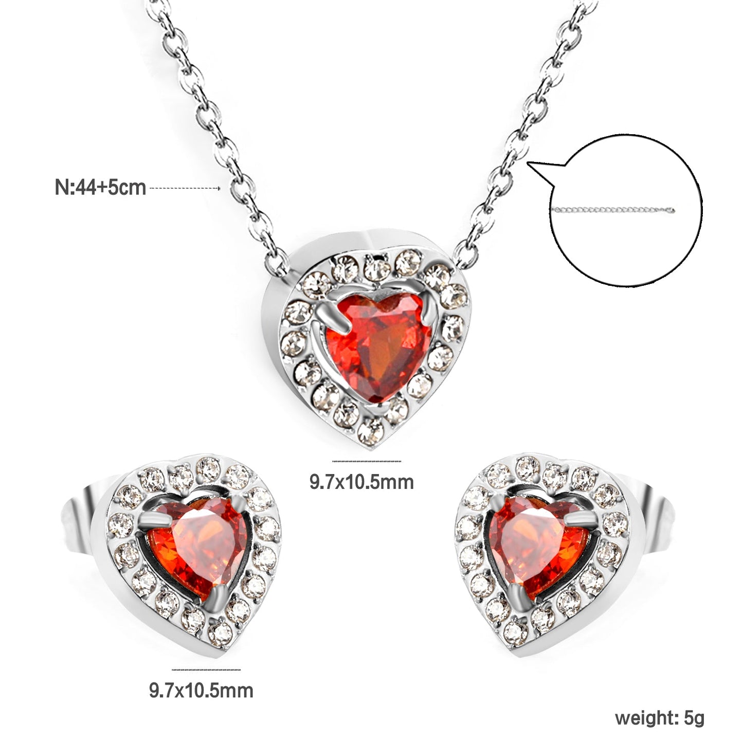 9.7*10.5mm heart shaped pomegranate red zirconium with white zirconium hoop earrings + necklace cross chain 0.3*44+5cm+6mm round end plate Set Steel/Golden color asonjewelry