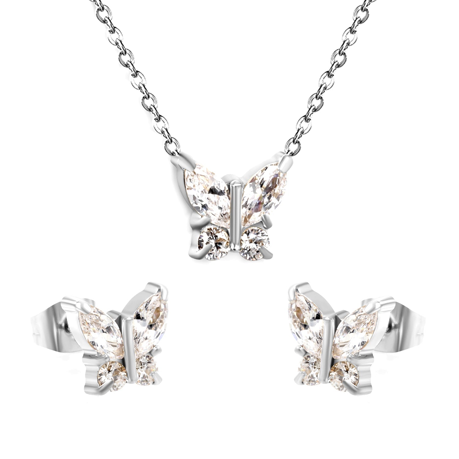 9.3*8.4mm Butterfly with white zirconium/color zirconium earrings + necklace 0.3*44+5cm+6mm round tail plate set steel/golden asonjewelry