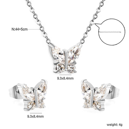 9.3*8.4mm Butterfly with white zirconium/color zirconium earrings + necklace 0.3*44+5cm+6mm round tail plate set steel/golden asonjewelry