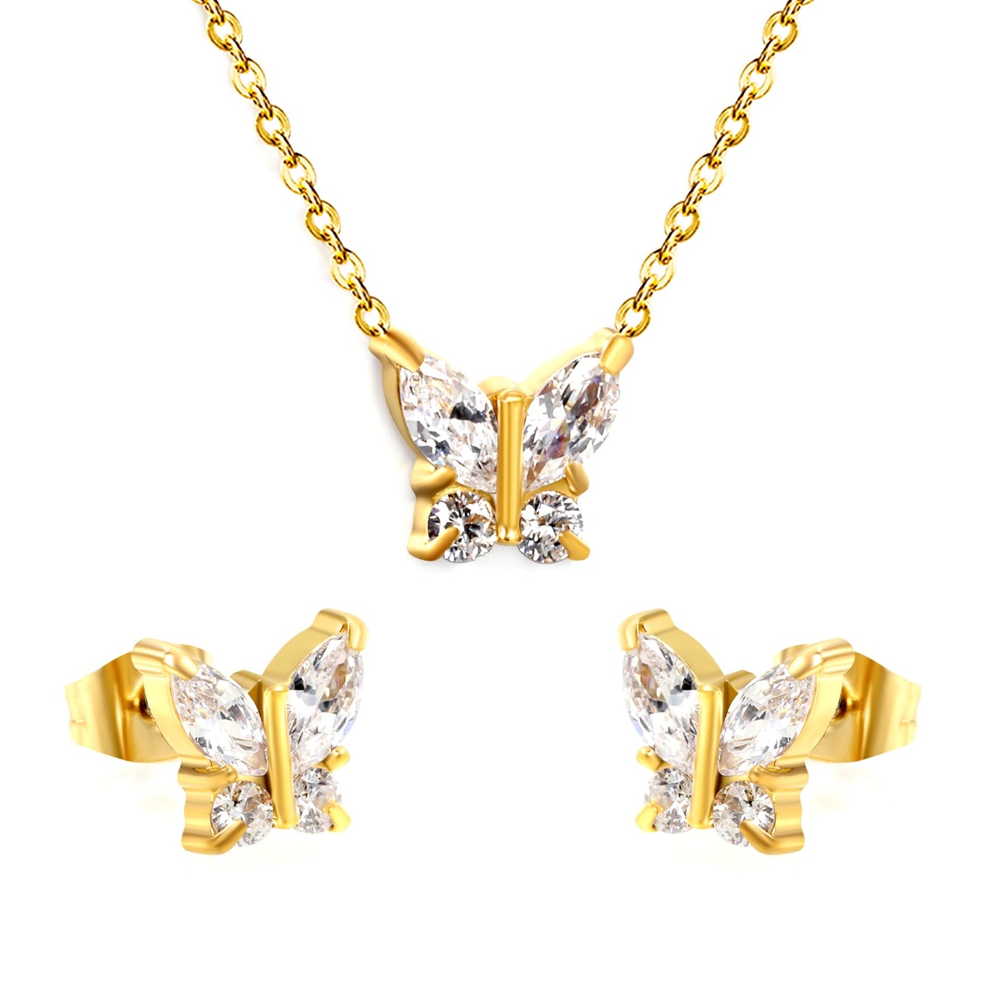 9.3*8.4mm Butterfly with white zirconium/color zirconium earrings + necklace 0.3*44+5cm+6mm round tail plate set steel/golden asonjewelry