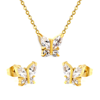 9.3*8.4mm Butterfly with white zirconium/color zirconium earrings + necklace 0.3*44+5cm+6mm round tail plate set steel/golden asonjewelry