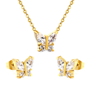 9.3*8.4mm Butterfly with white zirconium/color zirconium earrings + necklace 0.3*44+5cm+6mm round tail plate set steel/golden