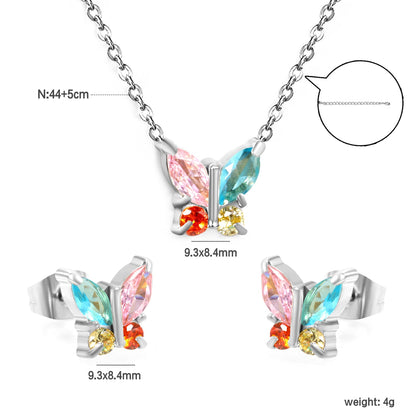 9.3*8.4mm Butterfly with white zirconium/color zirconium earrings + necklace 0.3*44+5cm+6mm round tail plate set steel/golden asonjewelry