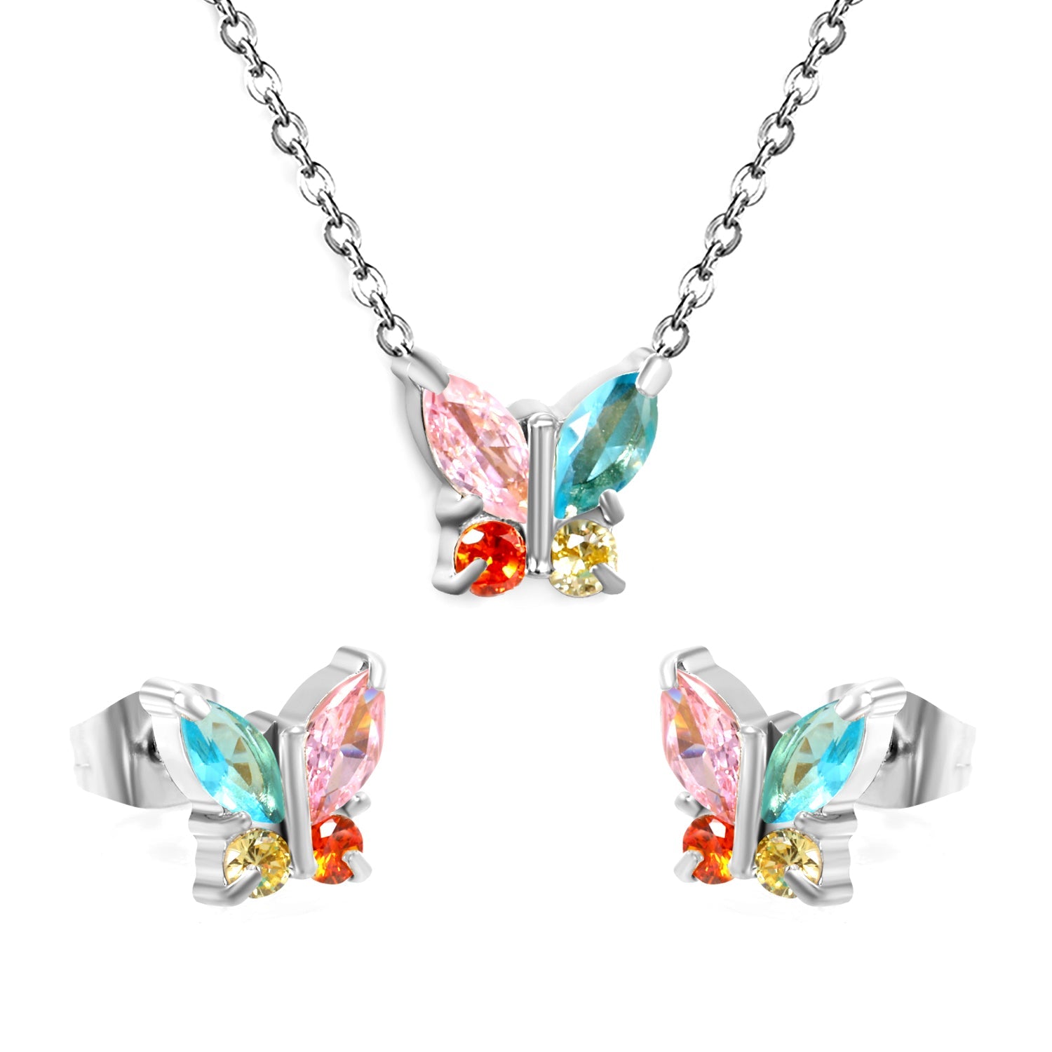 9.3*8.4mm Butterfly with white zirconium/color zirconium earrings + necklace 0.3*44+5cm+6mm round tail plate set steel/golden asonjewelry