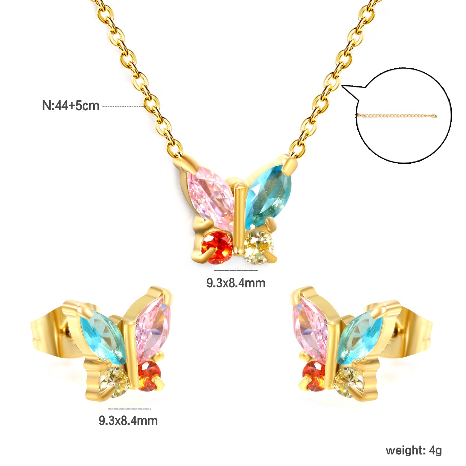 9.3*8.4mm Butterfly with white zirconium/color zirconium earrings + necklace 0.3*44+5cm+6mm round tail plate set steel/golden asonjewelry