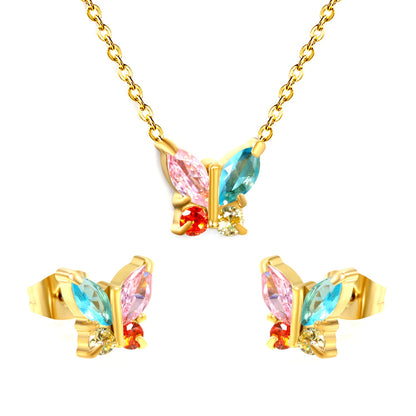 9.3*8.4mm Butterfly with white zirconium/color zirconium earrings + necklace 0.3*44+5cm+6mm round tail plate set steel/golden asonjewelry
