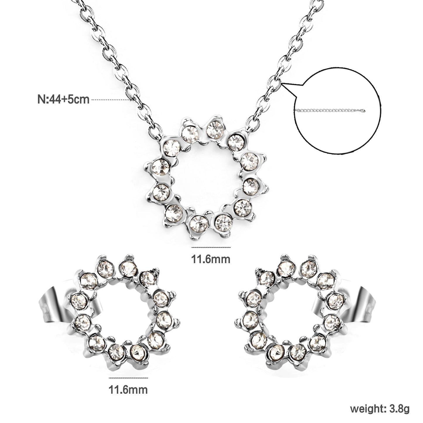 11.6mm Lace Circle with White Zirconium Stud Earrings + Necklace Cross Chain 0.3*44+5cm+6mm Round End Plate Set Steel/Golden asonjewelry