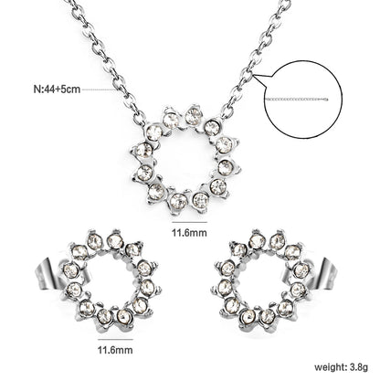 11.6mm Lace Circle with White Zirconium Stud Earrings + Necklace Cross Chain 0.3*44+5cm+6mm Round End Plate Set Steel/Golden asonjewelry