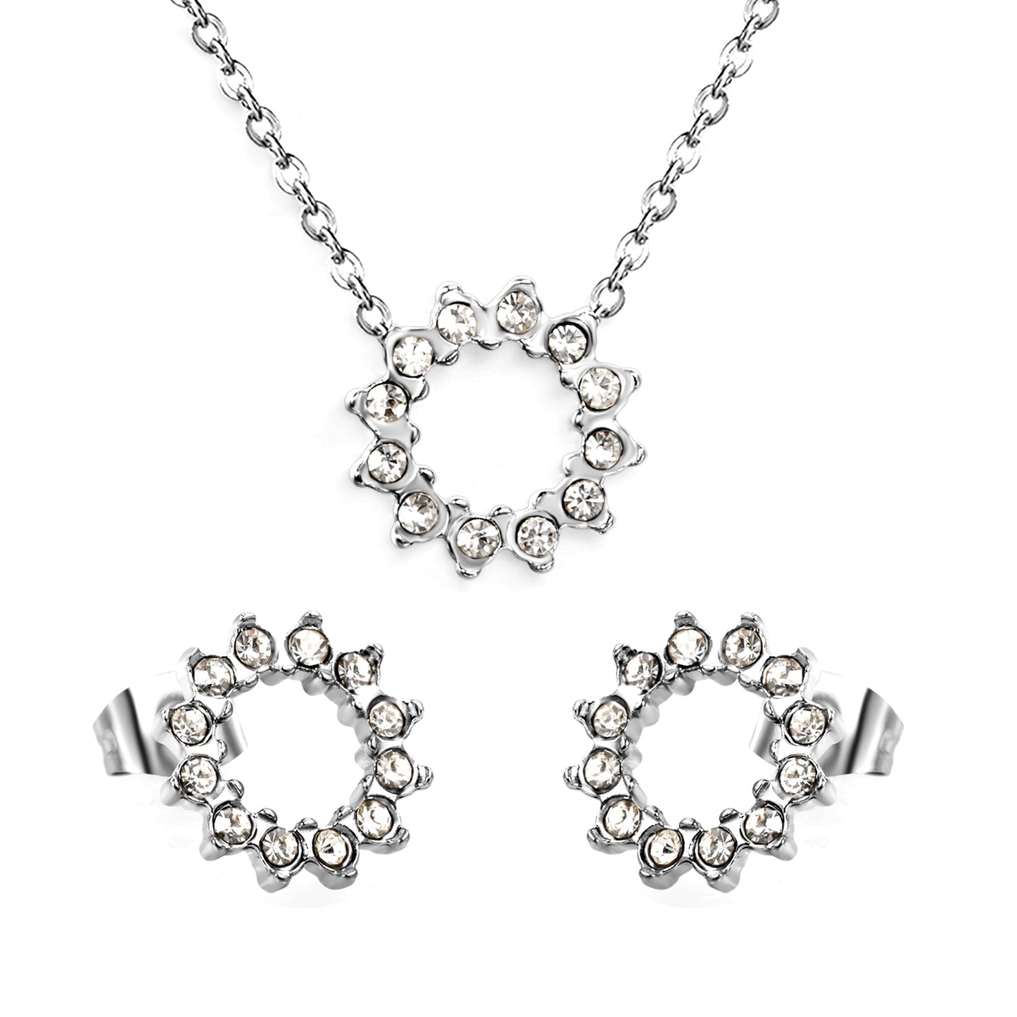 11.6mm Lace Circle with White Zirconium Stud Earrings + Necklace Cross Chain 0.3*44+5cm+6mm Round End Plate Set Steel/Golden asonjewelry