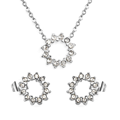 11.6mm Lace Circle with White Zirconium Stud Earrings + Necklace Cross Chain 0.3*44+5cm+6mm Round End Plate Set Steel/Golden asonjewelry