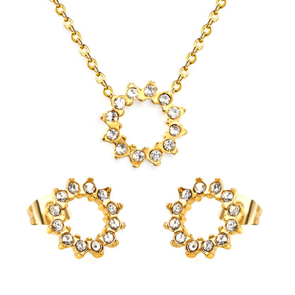 11.6mm Lace Circle with White Zirconium Stud Earrings + Necklace Cross Chain 0.3*44+5cm+6mm Round End Plate Set Steel/Golden asonjewelry